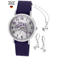 Pacific Time Armbanduhr Kinder Mädchen Pferd violett Kette Ohrringe