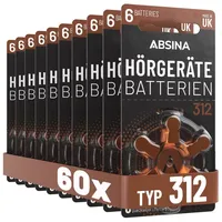 Absina Hörgerätebatterien 312 60 Stück mit gut greifbarer Schutzfolie