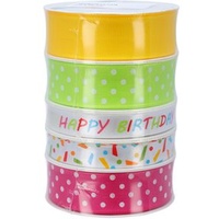 Präsent Geschenkband Geburtstag satiniert bunt/gelb/hellgrün/pink 15,0/25,0 mm x 5x