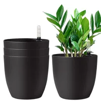 T4U 22cm Selbstwässernder Blumentopf mit Wasseranzeiger Schwarz 4er-Set, Selbstbewässerung