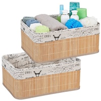 Relaxdays 2 x Aufbewahrungskorb, Stoffbezug mit Retro-Print, Bambus, rechteckig,
