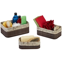 Relaxdays Aufbewahrungskorb 3er Set, Bambus, Stoffbezug im Vintage-Design, 3