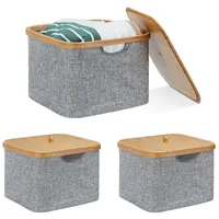 Relaxdays 3 x Aufbewahrungskorb Stoff, Bambus, Aufbewahrungsbox mit Deckel,