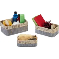 Relaxdays Aufbewahrungskorb 3er Set, Bambus, Stoffbezug im Vintage-Design, 3