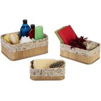 Relaxdays Aufbewahrungskorb 3er Set, Bambus, Stoffbezug im Vintage-Design, 3