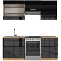 Vicco Küchenzeile Fame-Line, Anthrazit Hochglanz/Goldkraft Eiche 200 cm ohne