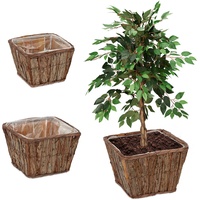 Relaxdays Blumentopf, 3er Set, Holz, Pflanzenkorb mit Folie, 3