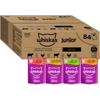 Whiskas Junior Katzennassfutter Klassische Auswahl in Sauce, 84 Portionsbeutel,