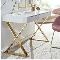 FineBuy Schreibtisch Hochglanz Weiß Gold 118 cm Holz Computertisch