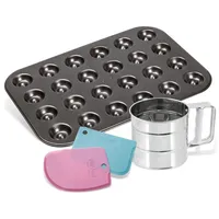 Zenker Husarenkrapfen-Set, 24er-Engelsaugen-Backblech mit Antihaftbeschichtung, Teigschaber zum Bestreichen, Puderzuckersieb