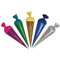 ROTH 5er Set Hologramm-Schultüten 15cm rund mit Kreppverschluss Deko