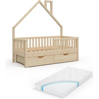 VitaliSpa Hausbett Noemi 80x160cm inkl. Matratze Schubladen und Naturholz