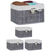 Relaxdays 4 x Aufbewahrungskorb, Stoffbezug, Bambus, rechteckig, Bad, Accessoires,