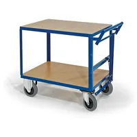 ROLLCART Tischwagen,Tragl. 600kg,2 Etage(n),Ladefl. LxB 1200x800mm,Holzböden,RAL5010,TPE-Bereifung