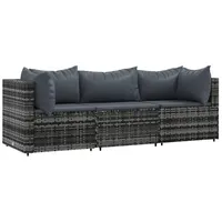 VidaXL 3-tlg. Garten-Lounge-Set mit Kissen Grau Poly Rattan