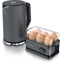 Arendo Frühstücksset, 6er Eierkocher SIXCOOK, 1,5L Edelstahl Wasserkocher, Grau