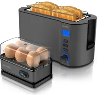 Arendo Frühstücks-Set, 6er Eierkocher SIXCOOK, Langschlitztoaster 4-Scheiben, Grau