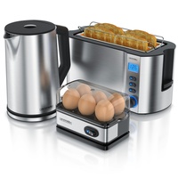 Arendo Frühstücksset 3-teilig, Wasserkocher 1,5 Liter, 4-Scheiben Langschlitz Toaster