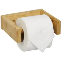 Relaxdays Toilettenpapierhalter Bambus, Klopapierhalter fürs Bad, Wand, klebend, Klorollenhalter