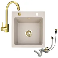 Faizee Möbel Granitspüle 48x50 mit Armatur Gold Beige Hochwertig