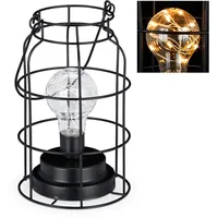 Relaxdays Tischlampe Vintage, Gitterlampe mit LED Glühbirne, warmweiß, Batterie,