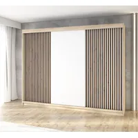 Mebloland Schwebetürenschrank, 3-türig Schrank mit 4 Schubladen, und 3D-Lamellen.