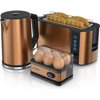 Arendo Frühstücks-Set, 4-Scheiben Langschlitztoaster, Wasserkocher 2200W, 6er Eierkocher, Kupfer
