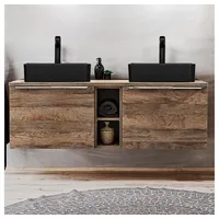 Lomadox - Doppelwaschtisch-Unterschrank 140cm mit 2 Keramikbecken in Vintage