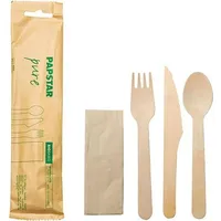 Papstar Holzbesteck-Sets, "pure" : Messer, Gabel, Löffel, Serviette in