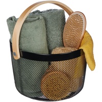 Relaxdays Drahtkorb mit Henkel, rund, Aufbewahrungskorb Metall & Holz,