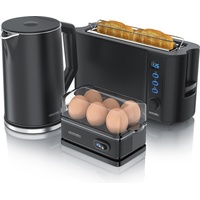 Arendo Frühstücks-Set Wasserkocher 1,5l, 2-Scheiben Toaster, 6er Eierkocher, Schwarz