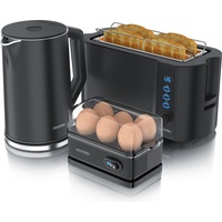 Arendo Frühstücks-Set Wasserkocher 1,5l, 4-Scheiben Toaster, 6er Eierkocher, Schwarz