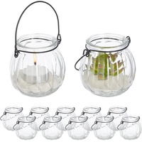 Relaxdays Windlicht Glas, 12er Set, Teelichthalter mit Henkel, H