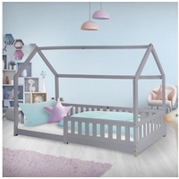 ML-Design Kinderbett Rausfallschutz Lattenrost und Dach 200x90 cm Hellgrau