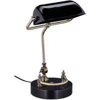 Relaxdays Bankerlampe, Glasschirm, Holzfuß, neigbare Bibliothekslampe, E27-Fassung, Schreibtischlampe Retro,