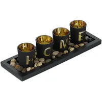 Relaxdays Teelichthalter mit Tablett & Steinen, 33 cm, Tischdeko