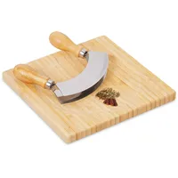 Relaxdays Wiegemesser mit Brett, Bambus & Edelstahl, Zweischneidiges Kräutermesser,