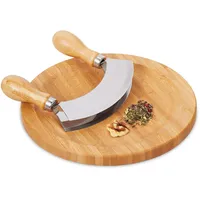 Relaxdays Wiegemesser mit Brett, Bambus & Edelstahl, Zweischneidiges Kräutermesser,