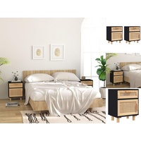 VidaXL Nachttische 2 Stk. Schwarz Massivholz Kiefer und Natur-Rattan