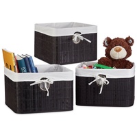 Relaxdays 3x Aufbewahrungskorb Bambus, Regalkorb abnehmbarer Stoffbezug, Aufbewahrungsbox Griff,