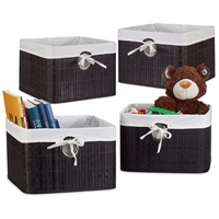 Relaxdays 4x Aufbewahrungskorb Bambus, Regalkorb abnehmbarer Stoffbezug, Aufbewahrungsbox Griff,