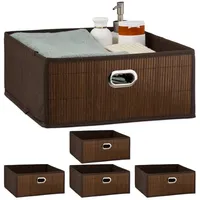 Relaxdays 5 x Aufbewahrungskorb Bambus, Badkörbchen quadratisch, Stoff Regalkorb