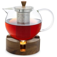 Klarstein Glaswerk Sencha Design-Teekanne mit Glaswerk Oolong Holz-Stövchen 1,3