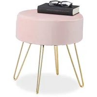 Relaxdays Samthocker, rund, eleganter Polsterhocker, goldene Metallbeine, modern, Sitzhocker