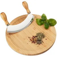 Relaxdays Wiegemesser mit Brett, Bambus & Edelstahl, einschneidiges Kräutermesser,