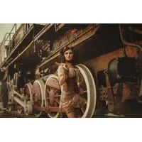 Papermoon Fototapete PAPERMOON "Steampunk Frau vor Zug", bunt, B:2,5m