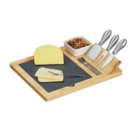 Relaxdays Käsebrett mit Schieferplatte, 3-TLG. Käsebesteck, Dipschale, 4X Serviergabel,