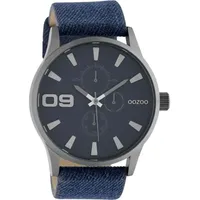 Oozoo Herrenuhr Chrono Look mit Lederband 48 MM Dunkelblau/Jeans