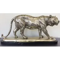 Casa Padrino Bronzefigur Tiger auf Marmorsockel Silber / Schwarz