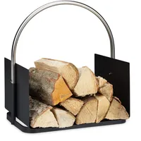 Relaxdays Kaminholzkorb, Metall, vernickelter Griff, Brennholzkorb innen, Holztrage, HxBxT